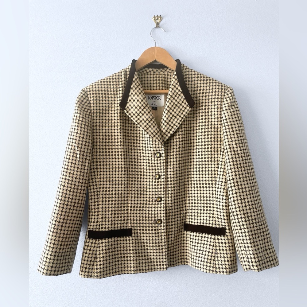 Vintage 90’s Houndstooth Cream and Brown Equestrian Wool Blazer Size 16 XL